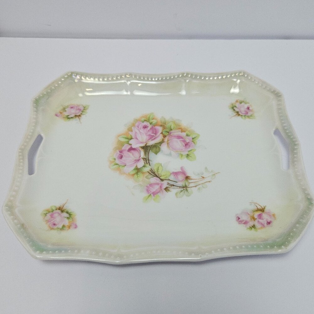 Antique 1914-1922 Signed P.K. Silesia 10"x8" Porcelain Serving Tray Pink Roses